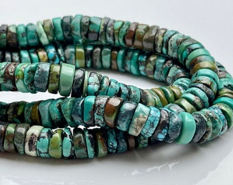 Natural Turquoise Heishi Beads 6-10mm Small Thin Disc Rondelle Vibrant Deep Blue Turquoise Untreated Gemstone 8&quot; Strand