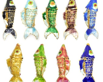 Large Handmade Cloisonne articulated fish Animal  Gold Brass pendants-Earrings  Focal 75mm-105mm(4&quot;) DIY Violet Aqua blue black green 1PCS