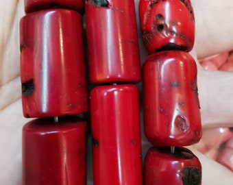 Large 30mm to 10mm Red Coral jewlery drum barrel Cylinder column bar nuggets loose beads 10inch