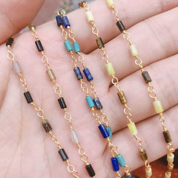 Rosary Chain Lapis -tigere eye -turquoise mixed Stone , Gold Plated Metal Wire Wrapped , Beaded Chain Stone Chain By Foot