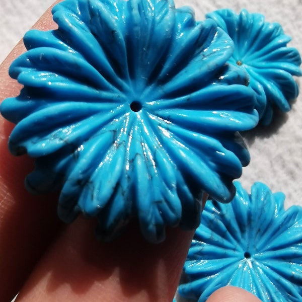 Handmade Turquoise Flowers, Blue Cabochons, 30mm Cabs, Mum Cabochons, Central drilled bead