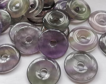 Large 40mm(1.6") Natural Gemstone Pi, Disc, Donut  purple green transparent Natural Rainbow fluorite donut pendant focal bead 1pcs
