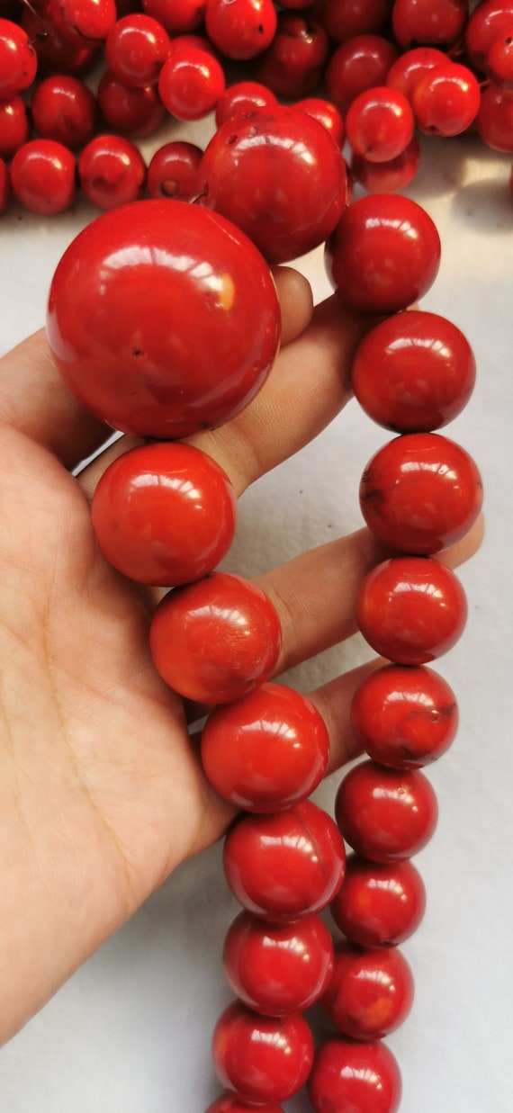 Collier vintage en perles de corail rouge et quartz rose - France