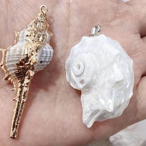 May include: Two seashell pendants. One is a long, spiraled shell with gold-colored metal accents. The other is a white, rounded shell with a silver-colored metal loop. Both are natural in appearance and suitable for jewelry making.