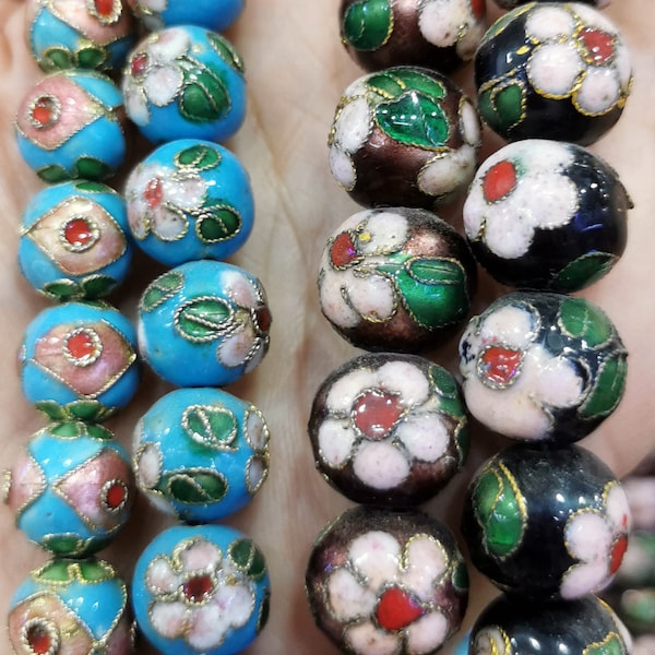 16inch Cloisonné Beads | 6mm 8mm 10mm Decorative Floral Puffed Round/Ball Shaped Metal/Enamel Beads - Red Black Gold Purple Blue