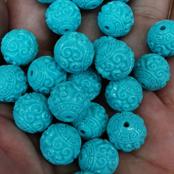 Vente en gros 30PCS Carved Flower blue Turquoise ronde Perle de résine 8mm pour collier-bracelet-earrins fabrication de bijoux