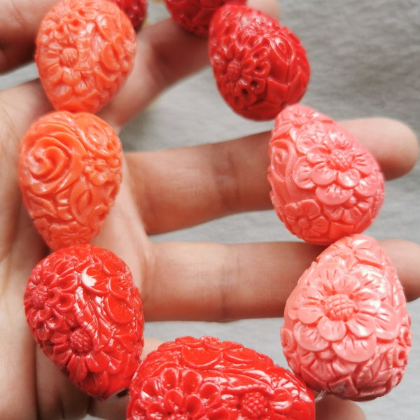 32-12mm handmade Extral drop bone white  Red Orange Carved floral filigree carved coral resin Teardrop beads for earrings-pendant 16inch