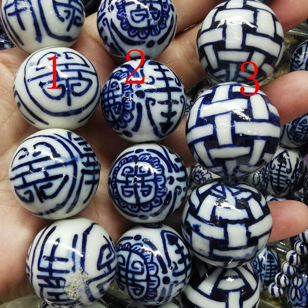 Large 16inch Ceramic Beads, Porcelain Beads, Round Ceramics, Classic Asian, Retro, Antique, Focal Beads, Blue, White, Flowers, Handpainted