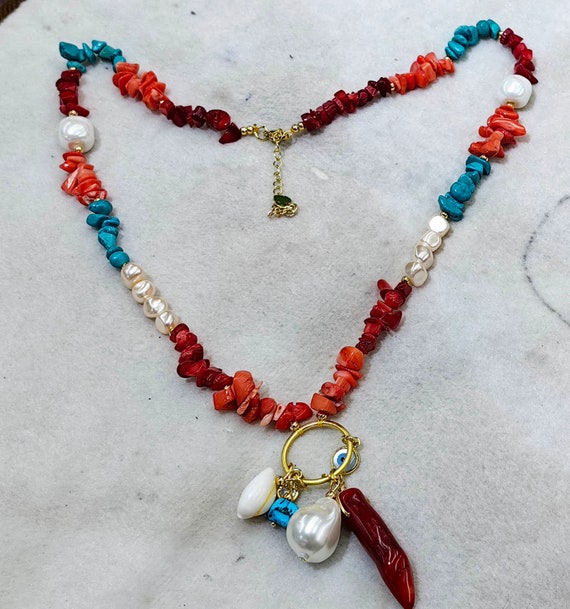 Pendentif Collier En Corail Rouge Naturel - Perles En Corne - Création Artisanale Umaiza Gems