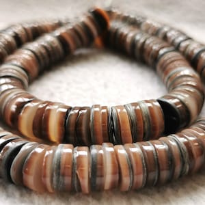 Può includere: Una collana di perline di conchiglia marroni e bianche, ogni perlina è composta da più strati di conchiglia, creando un motivo a righe.