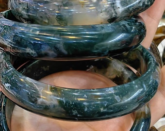 Rare Gems!Large Fat Bangles  Natural  Moss Agate Bangle  gemstone  54-68mm Lady bracelet Hand carving  stone Chinese gift