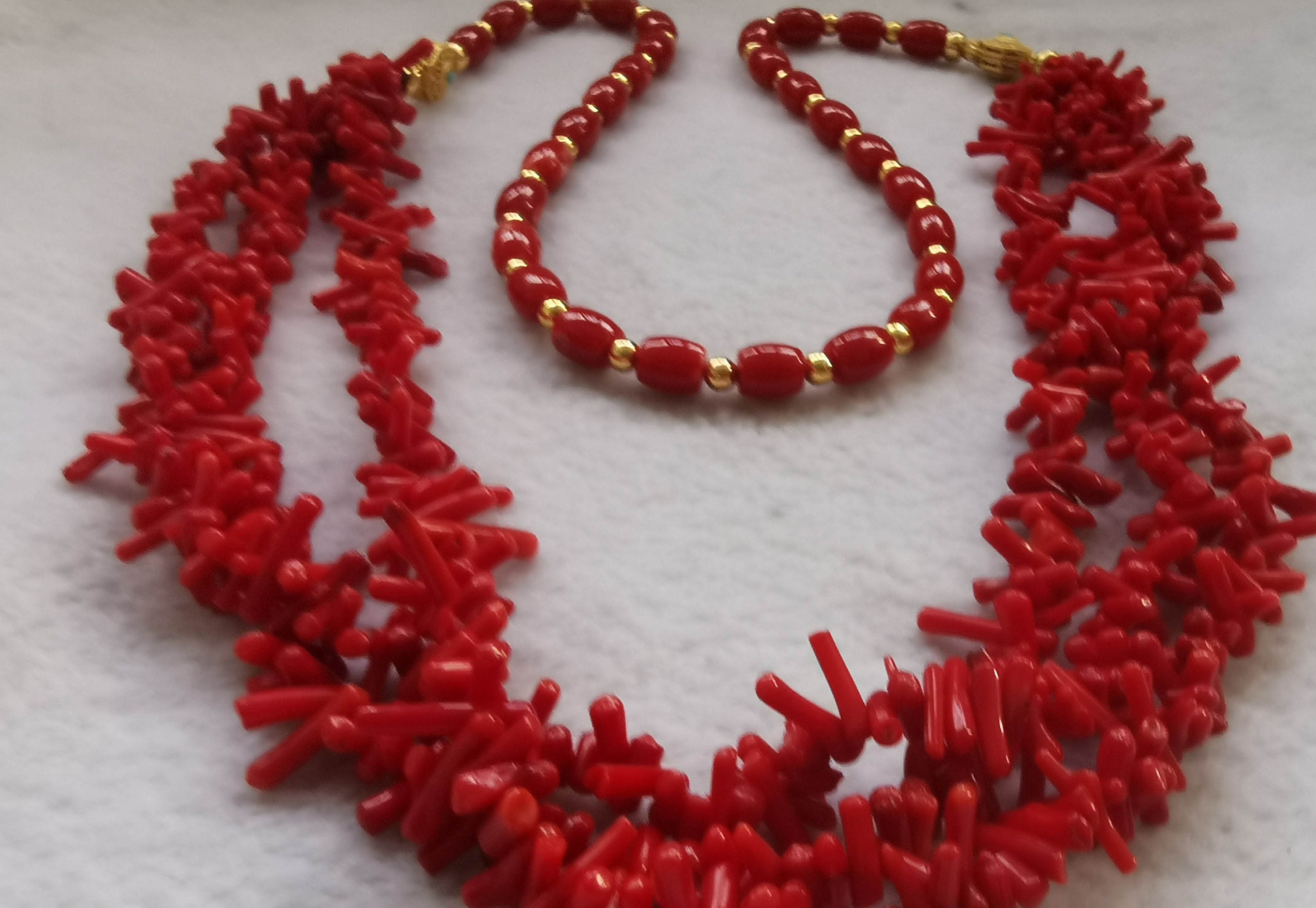 30inch 3 Layers Coral Necklace, Coral & 18K Gold, Drum Red Coral