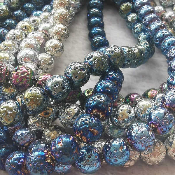 Hot sale --Rainbow Blue Silver Golden Lava Beads 6mm 8mm  Round Natural Volcanic Gemstone Beads | 16 Inch  for jewelry making