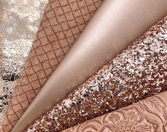Rose Gold Glitter Faux Leather Sheet: Floral Embossed Metallic Vinyl