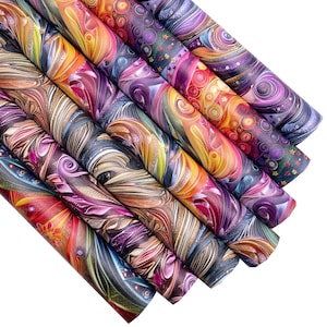 May include: A set of colourful patterned vinyl sheets with swirling designs in shades of purple, orange, yellow, and blue.