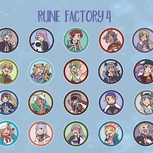 Op de afbeelding: Een raster met 20 kleurrijke ronde pictogrammen met personages uit het videospel Rune Factory 4. Elk pictogram toont een ander personage met unieke kenmerken en uitdrukkingen.
