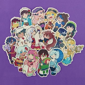 May include: A collection of colorful anime-style character stickers. Each sticker features a unique character design with detailed outfits and expressions. The stickers are arranged on a purple background.