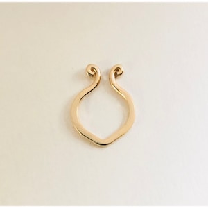 May include: A gold nose ring with a unique, twisted design. The ring is made of a single piece of metal and has a smooth, polished finish.