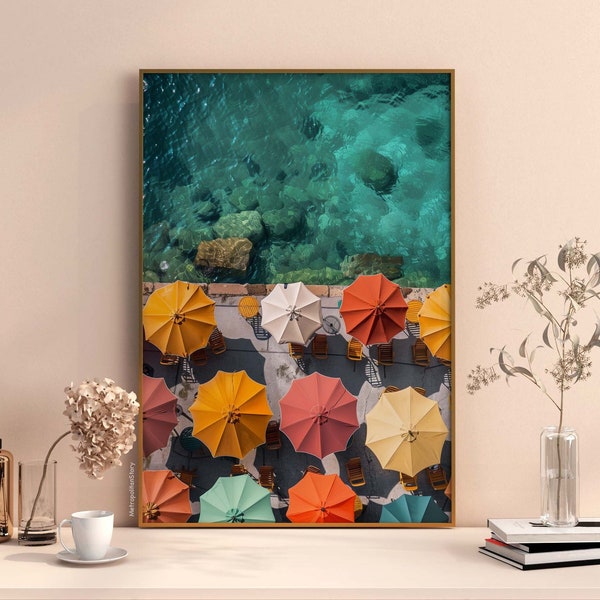 Digital Painting of a Colorful Umbrella Coast | Capri Sea | Amalfi Print | Positano Coast Wall Art | Positano Printable | Beach Parasol