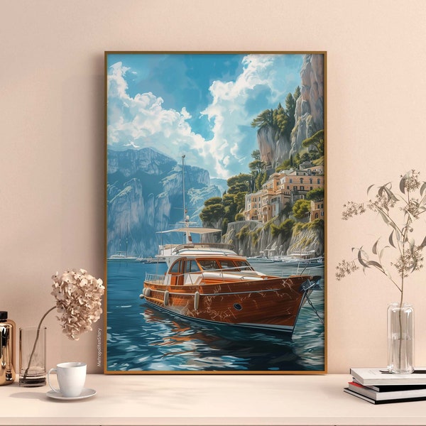 Digital Painting of a Yacht along the Positano Coast | Amalfi Coast Paint Poster | Italian Summer Art | Italy Print Poster | Mediterranean