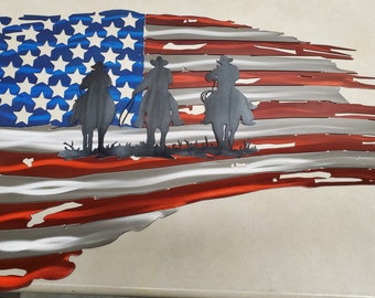 Colored Metal Flag With Red and Blue and Cowboy Silhouette