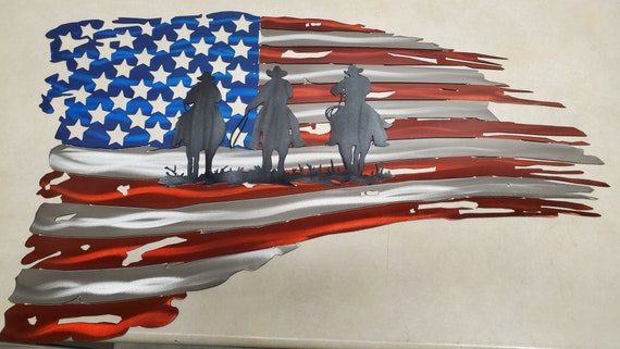 Colored Metal Flag With Red and Blue and Cowboy Silhouette