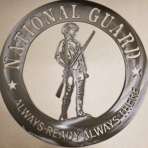Homem Minuto da Guarda Nacional, Homem Minuto da Guarda Nacional do Exército, decoração de parede de metal ou varanda, presente de aposentadoria militar, decoração de parede de aço