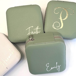 Personalized Sage Green Travel Jewelry Box, Custom Monogram, Honeymoon Travel