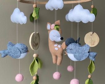 Baby mobile, woodland mobile, deer mobile, girl nursery decoration, forest baby shower gift