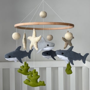 Shark baby mobile, boy narwhal nautical nursery crib decor, sea ocean newborn baby shower gift, hanging crib mobile