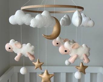 Lamb Baby Mobile, Sheep Nursery Decor, Stars and Moon