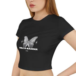 Custom Sorority Butterfly Tee, Baby Tee, Cropped Shirt, Sorority Apparel, Gift for Sisters, College T-Shirt, Crop Top, Delta Gamma, Dee Gee