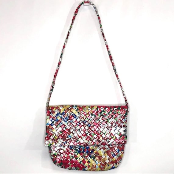 Recycled candy wrapper woven handbag