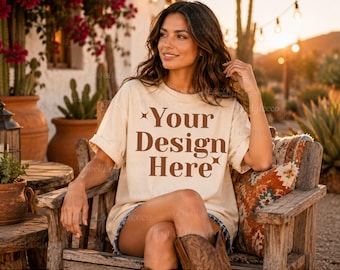 May include: A cream-colored short-sleeve t-shirt featuring the brown text "Your Design Here" centered on the chest, accented by two small four-pointed star icons. The shirt has a relaxed fit with rolled sleeves and a classic crew neckline.