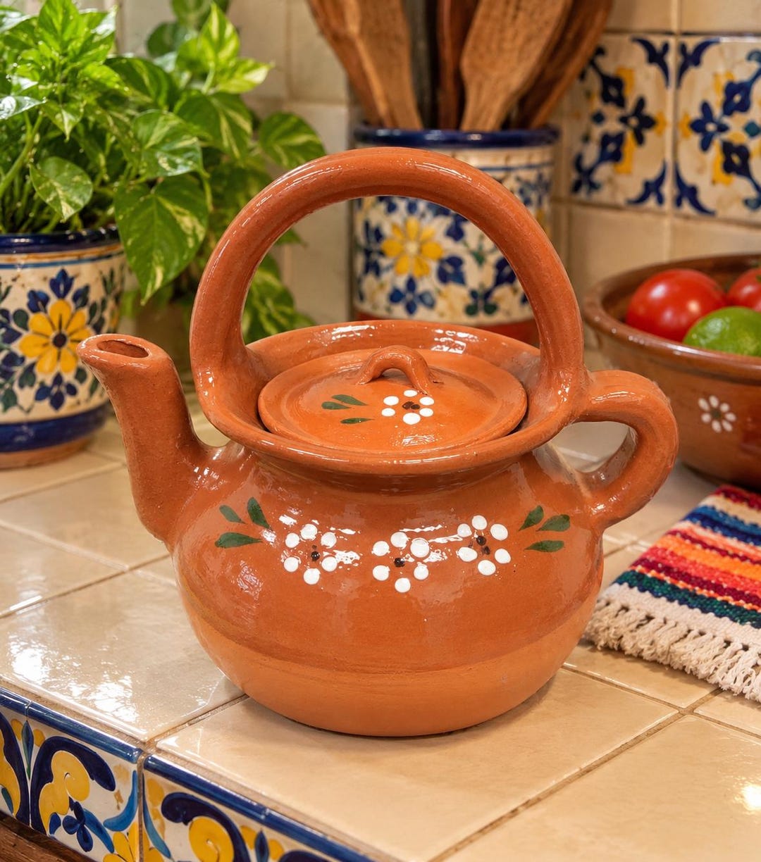 Traditional Tea Pt Mexican Clay Teapot, Hand Painted Terracotta Tea Kettle, Olla De Barro ...