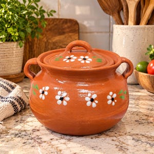May include: A round terracotta cooking pot with two side handles and a matching lid. The exterior of the pot and lid features a hand-painted pattern of small white flowers with black centers and green leaves against the natural reddish-brown clay.