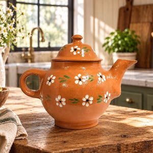 May include: A terracotta teapot with a matching lid, featuring a hand-painted pattern of white flowers with black centers and small green leaves. The teapot has a rounded body, a curved handle, and a short spout, all in a warm clay finish.