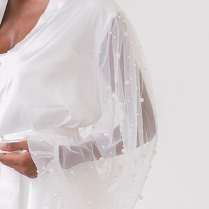 Stunning Robe with Pearl Sleeve, Long Bridal Robe, Mesh Satin Robe, White Robe for Bride,Wedding Get Ready Robe,Bridal Shower Gift for Bride