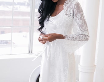 Long Lace Bridal Robe, Floor Length Lace Robe, Satin Silky Slip Dress, Wedding Getting Ready  Robe, Bridal Shower Gift for Bride, Bride Robe