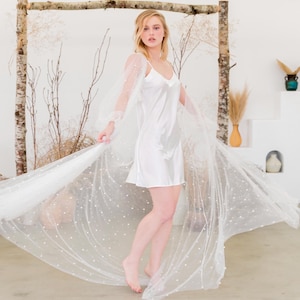Long Sheer Pearl Wide Sleeve Bridal Robe, Mesh Satin Robe, White Robe for Bride, Wedding Get Ready Robe, Bridal Shower Gift, Robe with Pearl