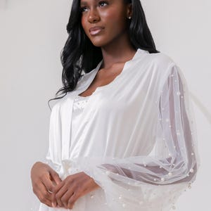 Stunning Robe with Pearl Sleeve, Long Bridal Robe, Mesh Satin Robe, White Robe for Bride,Wedding Get Ready Robe,Bridal Shower Gift for Bride