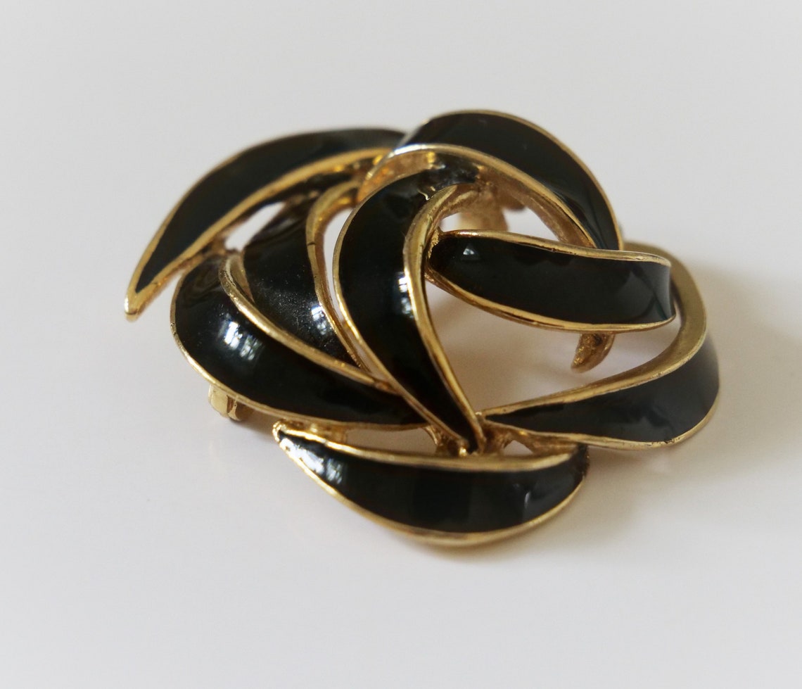 Black Enamel Brooch Vintage Enamel Brooch Black and Gold Etsy