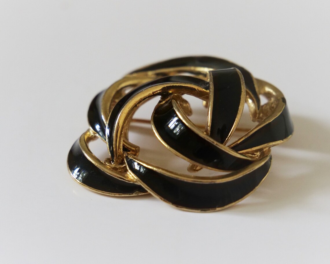 Black Enamel Brooch Vintage Enamel Brooch Black and Gold Etsy