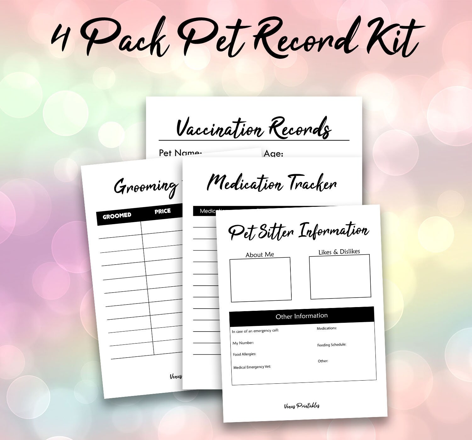 4 Pack Pet Record Kit Grooming Schedule Printable Medical Etsy