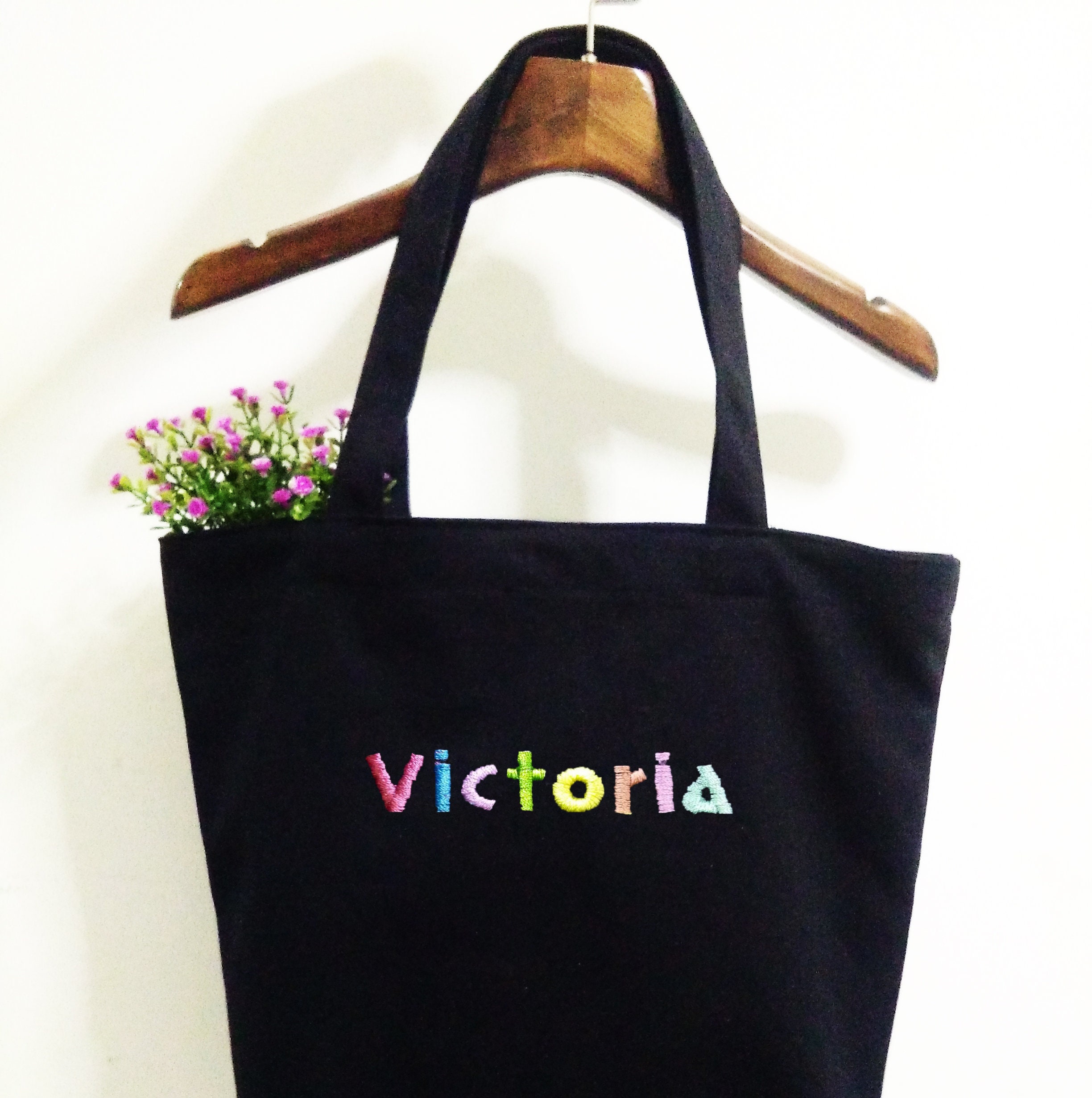 Black Tote bag Custom name Embroidered Personalized bag Etsy