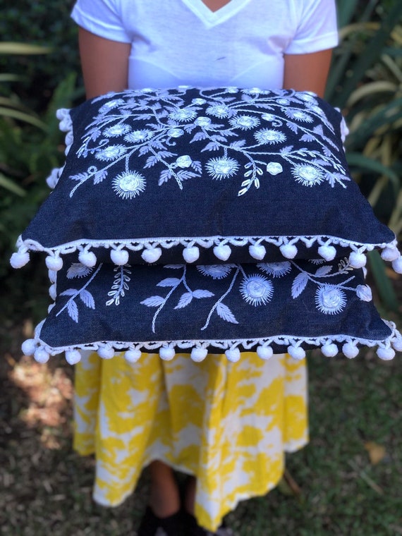 Set Of 2 Denim Hand Embroidered Pillow Cases 16 X Etsy