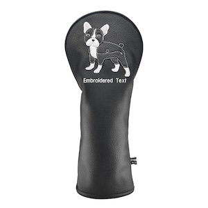 Black French Bulldog PU Leather Golf Club Covers Driver Headcovers Fairway Woods Hybrid Protector with Interchangeable Number Tag