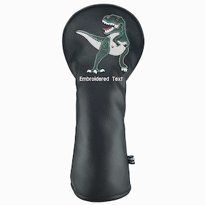 Fundas para palos de golf de cuero sintético T Rex con texto bordado personalizado, fundas para cabezas de driver, protectores híbridos para maderas de calle con etiqueta de número intercambiable
