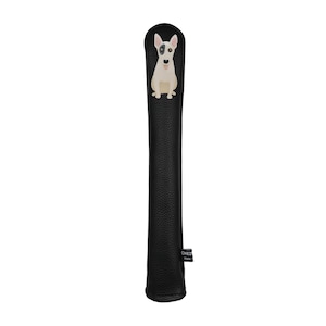 May include: Black golf club head cover with a white and black Bull Terrier dog design. The cover is made of textured black material and has a small tag at the bottom. The dog is sitting with its front paws forward.