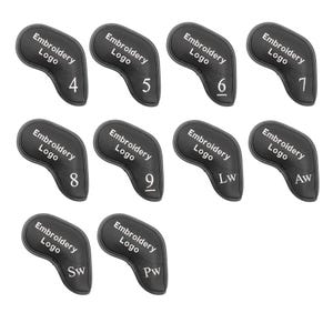 Könnte beinhalten: Ein Satz schwarzer Golfschlägerhauben. Jede Haube trägt den weißen Text "Embroidery Logo" sowie eine Nummer oder Abkürzung: 4, 5, 6, 7, 8, 9, LW, AW, SW und PW. Die Hauben sind auf weißem Hintergrund angeordnet.